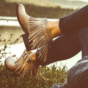 Free Spirit Distressed Leather Fringe Studded Boot